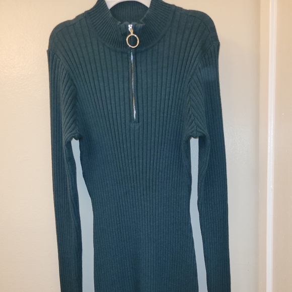 Dark green Long-Sleeve Mock Neck Rib-Knit Sweater Dress - Picture 2 of 2